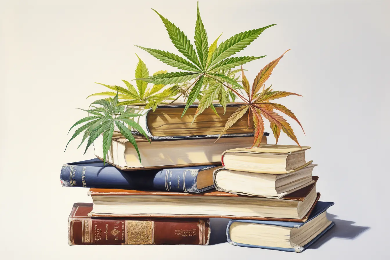 Grüne Blätter einer Pflanze namens Cannabis sind auf einem Stapel von Büchern platziert, die übereinander liegen.